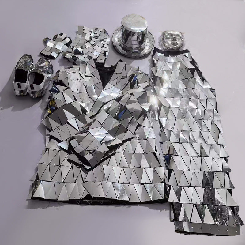 Silver Mirror Ballroom Costume for Men, Catwalk Shows, Man Suit, Nightclub Clothing
